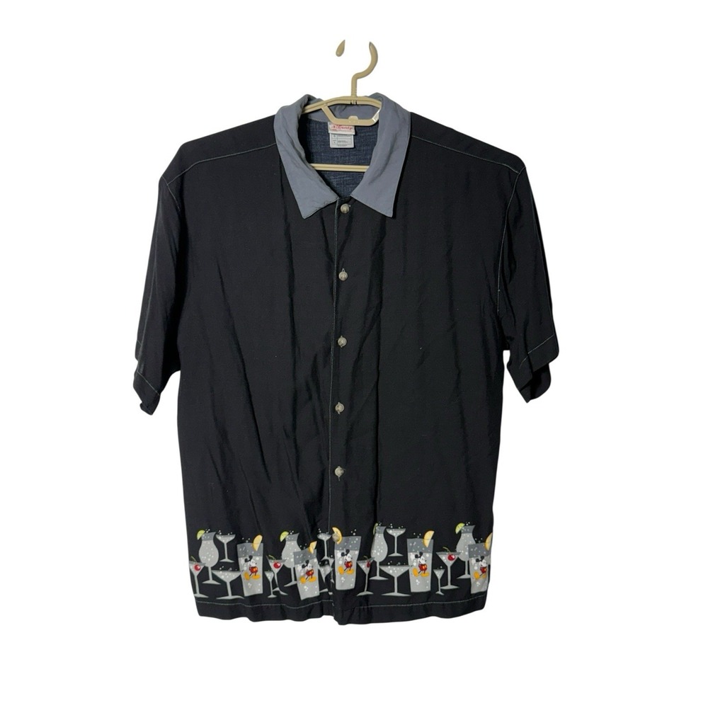 Disney Store Mens L Black Mickey Mouse Martini Cocktail SS Camp Shirt Vtg‎ Y2K